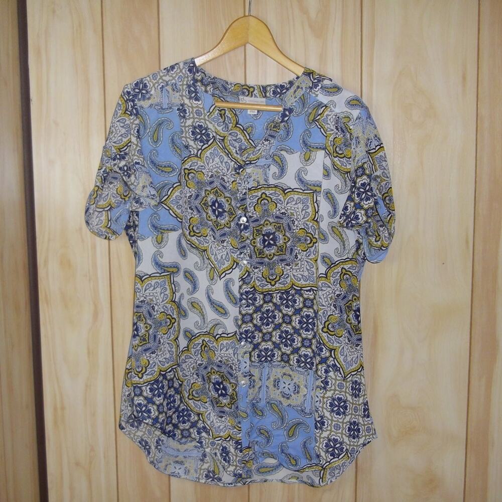 Dressbarn Paisley V-Neck Short Sleeve Sheer Blouse L
